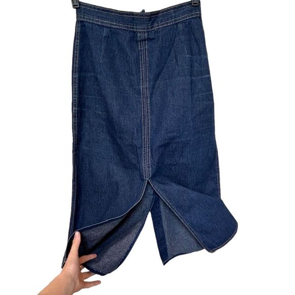 Vintage Claude Women's Back & Mid Slit Midi A-line Denim Skirt Blue Size 7/8 - Picture 6 of 16